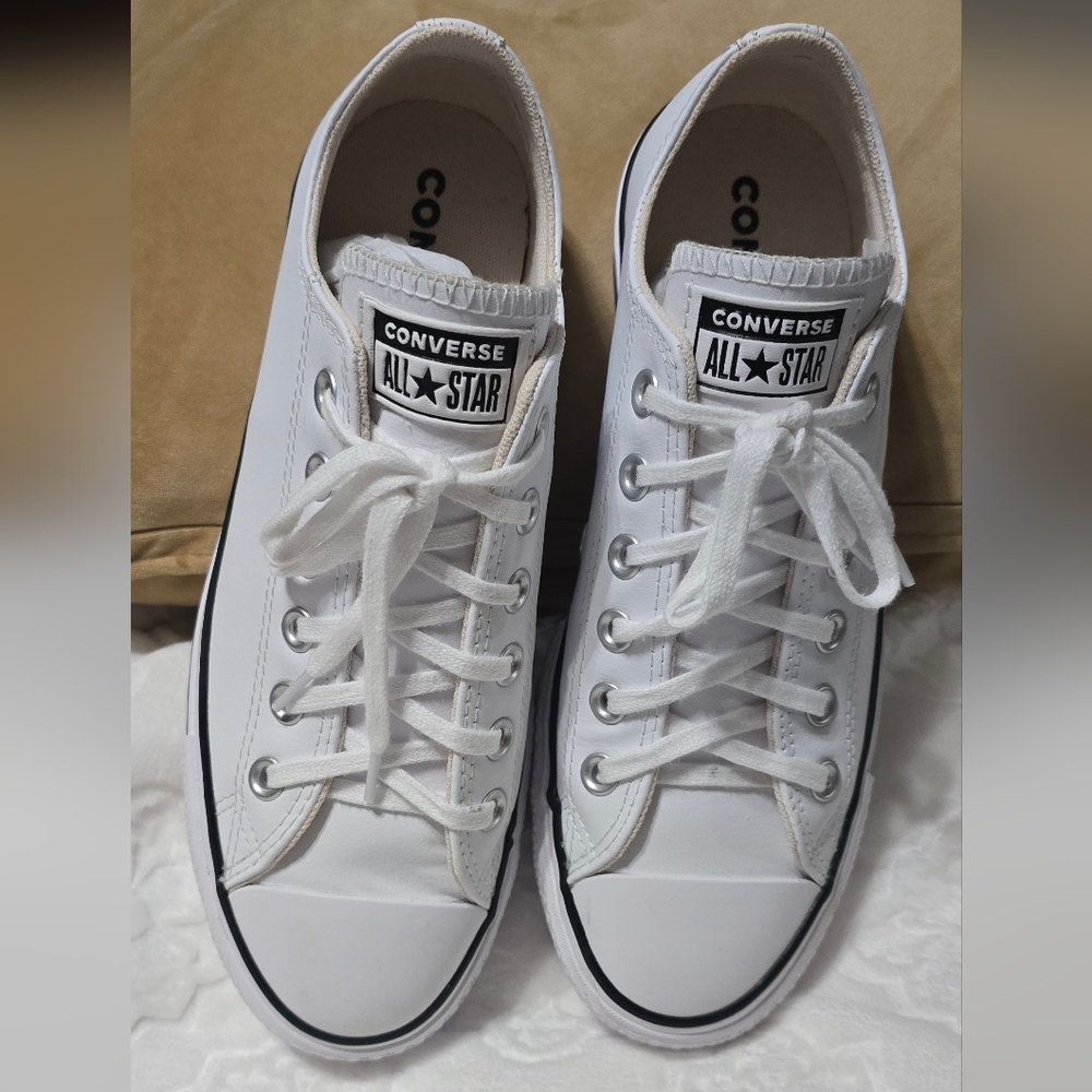 Converse White Low Top Platform Sneakers with Black Trim - Picture 11 of 12